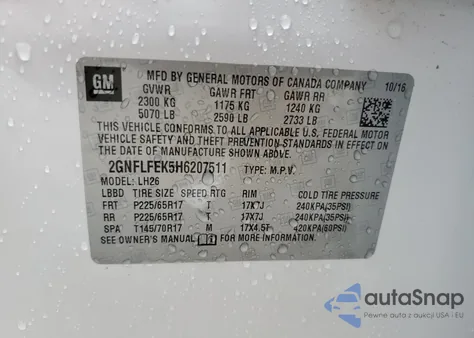 2017 Chevrolet Equinox Lt z USA, uszkodzony, nr VIN 2GNFLFEK5H6207511